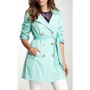 Tahari Womens Mint Green TRENCH RainCoat Tie Belt Button Lightweight